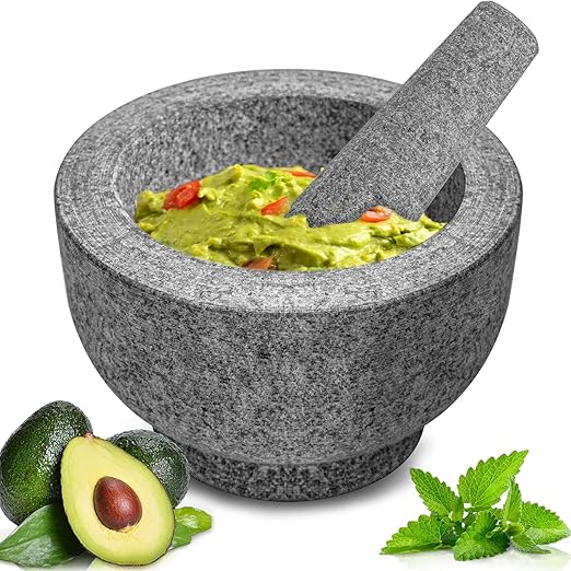 Luvan Mortar and Pestle Set,2 Cups Unpolished Granite Natural Stone Grinder Bowl for Molcajete Guacamole Bowl Crushing/Mexicano Guacamole,Spices Grinder,Herb Crusher,Salsa Pesto-6IN/Gray