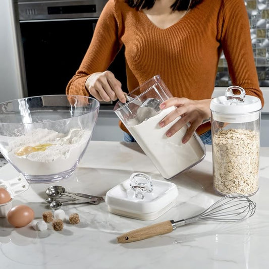 Felli Flip Tite Food Storage Containers With Lid 5" LARGE Airtight Ring Lock Flip Top, Square Acrylic Canister Jar for Rice Sugar Flour Protein Powder, Kitchen Pantry Organizer, Gift Set (1.8qt)