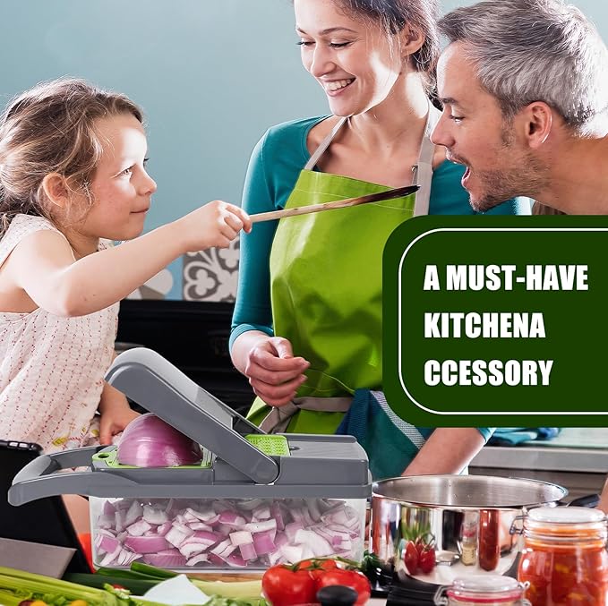 Multifunctional vegetable cutter 23 in 1 vegetable slicer, cucumber slicer, potatoes, tomatoes, zucchini, garlic, eggs, vegetable cutter with container and lid, salad cutter, dicing machine, shredder