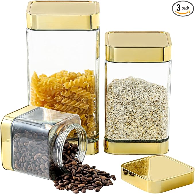 Glass Storage Jars-Large Kitchen Glass Canisters with Airtight Lids -Coffee Pasta Sugar Tea Snack Nuts Cookie Flour Food Container - Set of 3…