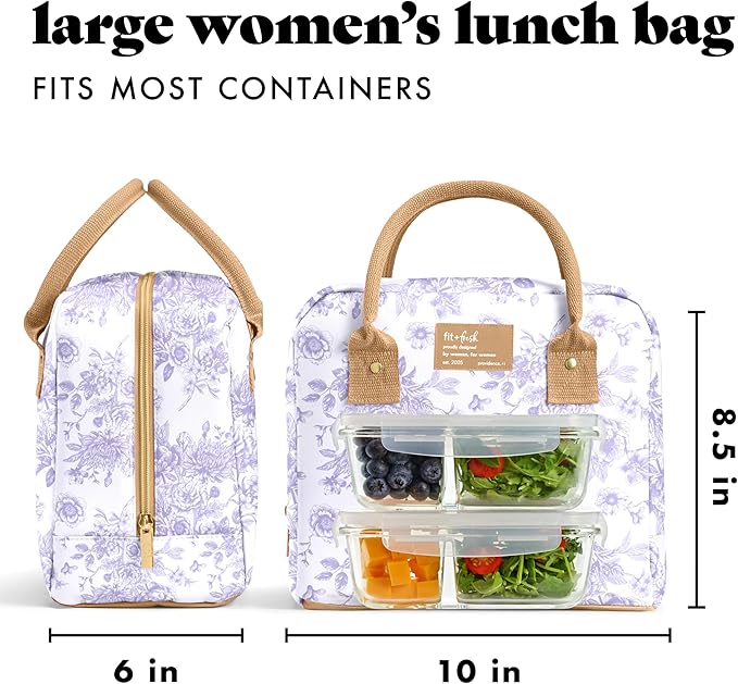 Fit & Fresh Lunch Bag For Women, Insulated Womens Lunch Bag For Work, Leak Resistant & Stain-Resistant Large Lunch Box For Women With Containers, Zipper Closure Bloomington Bag, Lavender Toile
