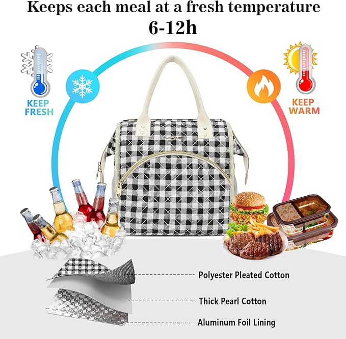 LOKASS Insulated Lunch Bag Women- Reusable 10 L Lunch Box for Women - Leakproof Tote Cooler Bag for Adults Work, Beach, Travel, Picnic （Black&White Diamond Grid）