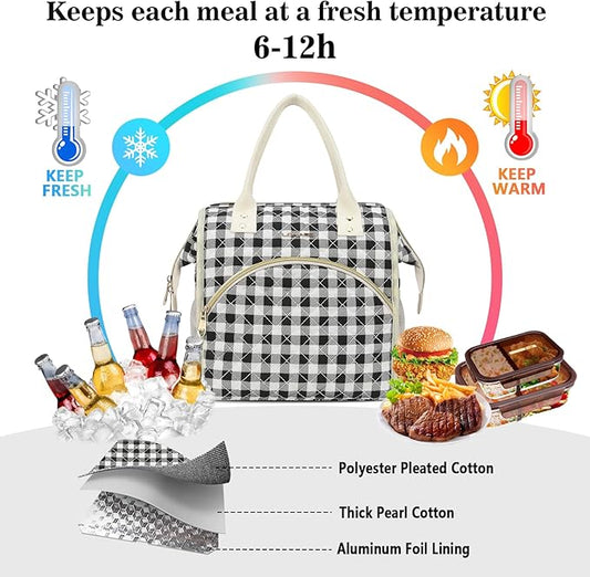 LOKASS Insulated Lunch Bag Women- Reusable 10 L Lunch Box for Women - Leakproof Tote Cooler Bag for Adults Work, Beach, Travel, Picnic （Black&White Diamond Grid）