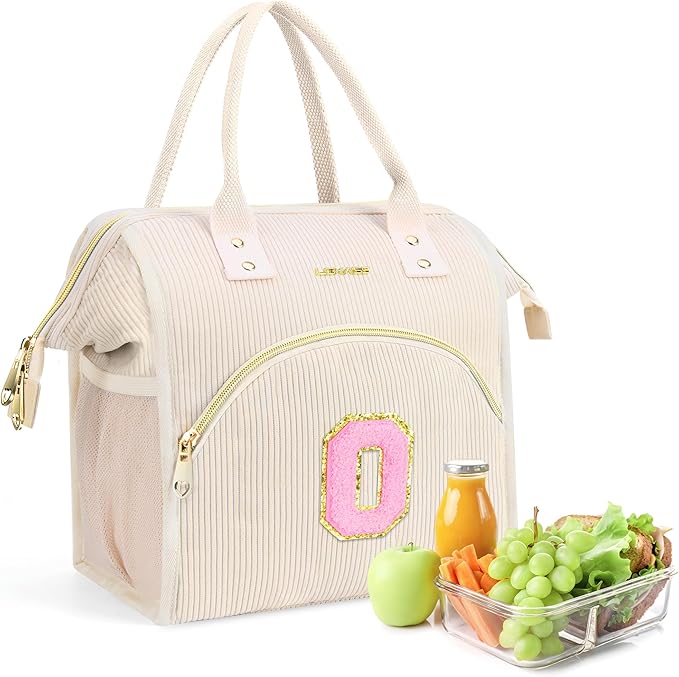 Personalized Initials Lunch Box for Women& Men, Preppy Reusable 10 L Insulated Lunch Bag, Leakproof Large Odults lunch tote Cooler Bags Insulated for Beach,Travel,Work, Picnic-Birthday Gifts（Beige O）