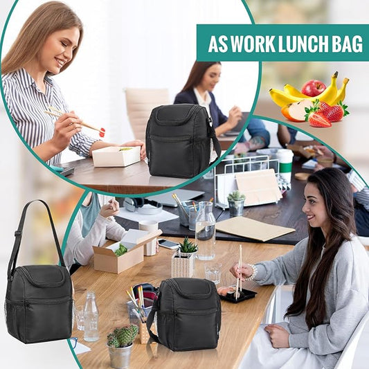 Nuogo 10 Pcs Insulated Lunch Bags Bulk, Reusable Lunch Boxes, Black Waterproof Thermal Cooler Bags with Zipper, Adjustable Strap for Men Women Work School Outdoor Camping Picnic Beach