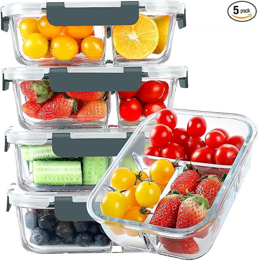 Glass Meal Prep Containers 3 Compartments, 5 Pack 36 oz, Glass Food Storage Containers with Lids, Airtight Lunch Bento Box, Portion Control, Freezer and Microwave Safe