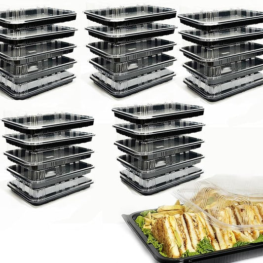 TRAYA Pack of 25 Serving Tray with lid - Reusable Catering Trays with Lids 13inch Long for Meal Prep, Cakes, Treats and Sandwiches (13 * 2.7 * 9.4inch)