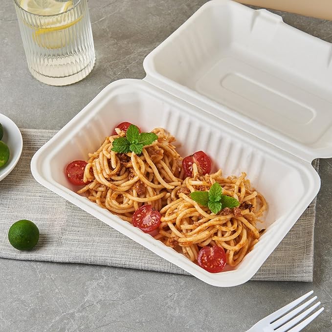 [9X6 1-Compartment 75-Pack Bio Natural Clamshell Take Out Food Containers with Lids, Disposable Bagasse Togo Plates, Eco-Friendly Biodegradable Made of Sugar Cane Fibers
