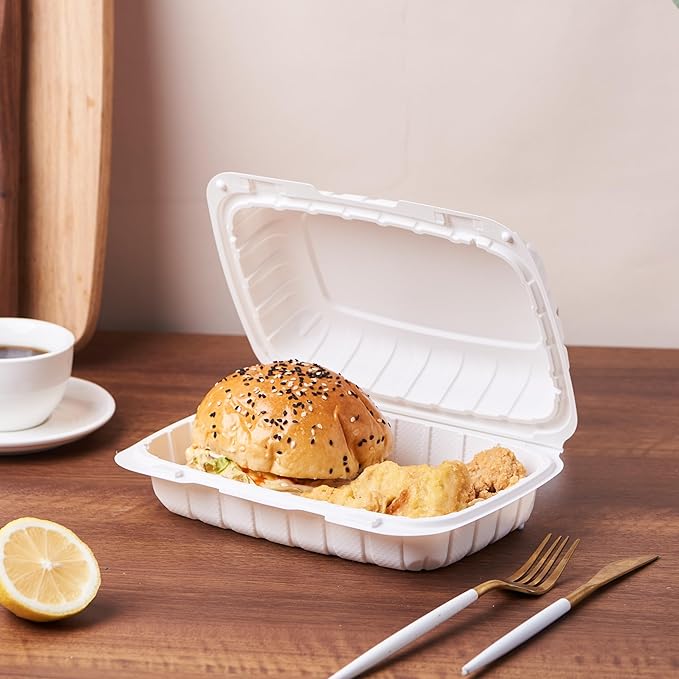 9X6 1-Compartment 50-Pack Plastic Clamshell Food To Go Box Containers Carryout For Sandwich Salad Heavy Duty Disposable Hinged With Secure Snap Lid (Formerly FULING)