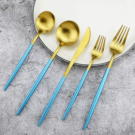 Blue Handle Matte Gold Silverware Set - 5-Piece 18/10 Stainless Steel Satin Finish Flatware, Kitchen Utensils, Tableware Travel Cutlery for Camping, Office, School Lunch - Dishwasher Safe