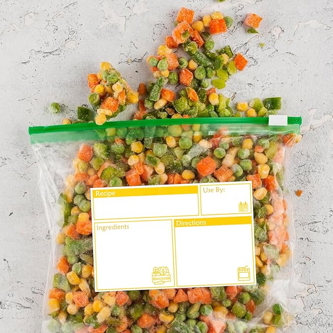 100pcs Labels for Freezer Bags Freezer Meal Labels with Instructions 3.2 X 5 inch Oil and Water Resistant Labels Food Labels for Freezer Storage for Leftovers in Fridge Removable Freezer (Yellow)