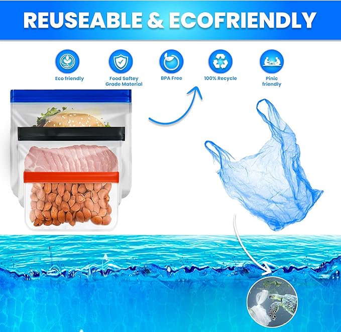 10-Pack (3 Small, 4 Medium, 3 Large) Extra Thick Reusable Silicone Bags – BPA-Free, Leakproof & Durable Freezer Bags for Meal Prep, Marinating, Lunch & Travel – Versatile & Dishwasher Safe