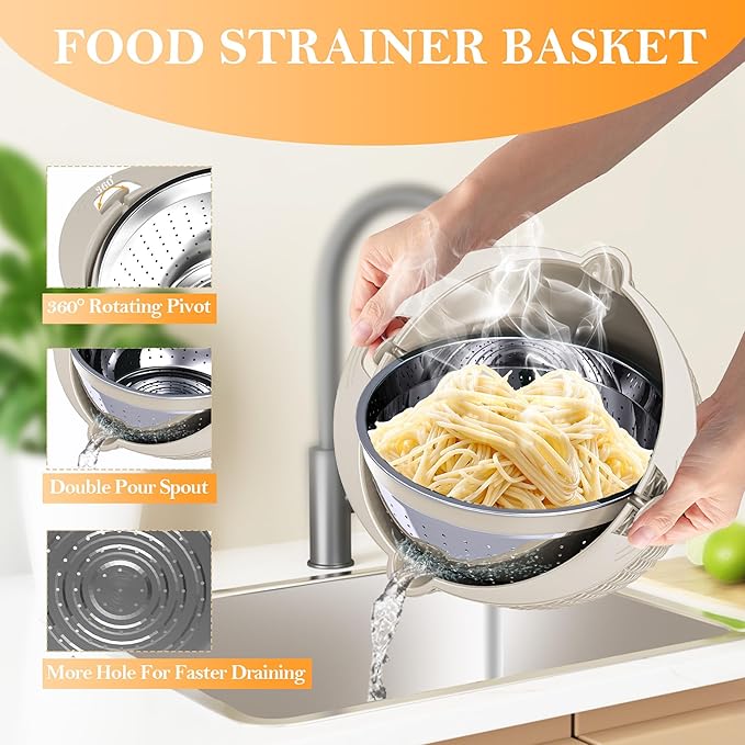 4-1 Colander with Bowl Set, Food Strainers and Colanders, Rice Strainer, Fruit Washing Bowl with Strainer, Rotatable colander for kitchen, Aesthetic Kitchen Gadget - Beige