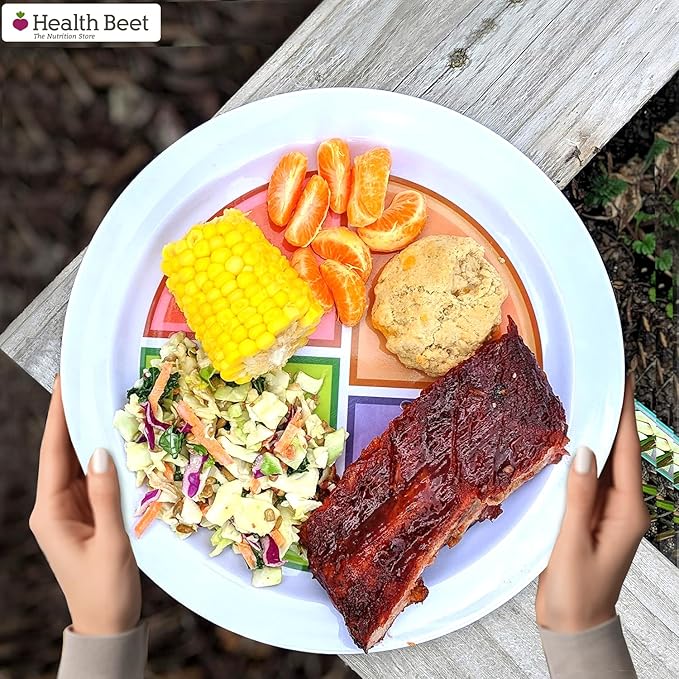 Health Beet Choose MyPlate Portion Control Plate – 4 Flat Sections for Fruits Grain Vegetable Protein - Dishwasher & Microwave Safe Visually Sectioned Plates for Health Education - (48-Pack)