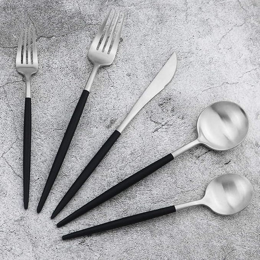 Black Handle Matte Silver Silverware Set - 5-Piece 18/10 Stainless Steel Satin Finish Flatware, Kitchen Utensils, Tableware Travel Cutlery for Camping Office Lunch - Dishwasher Safe