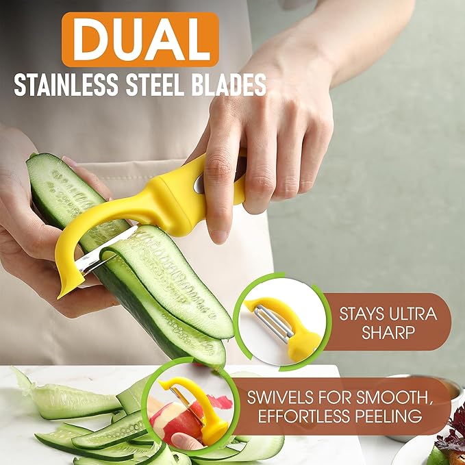 Spring Chef Premium Swivel Vegetable Peeler, Yellow & Stainless Steel Magnetic Measuring Cups, Set of 7, Black - 2 Product Bundle