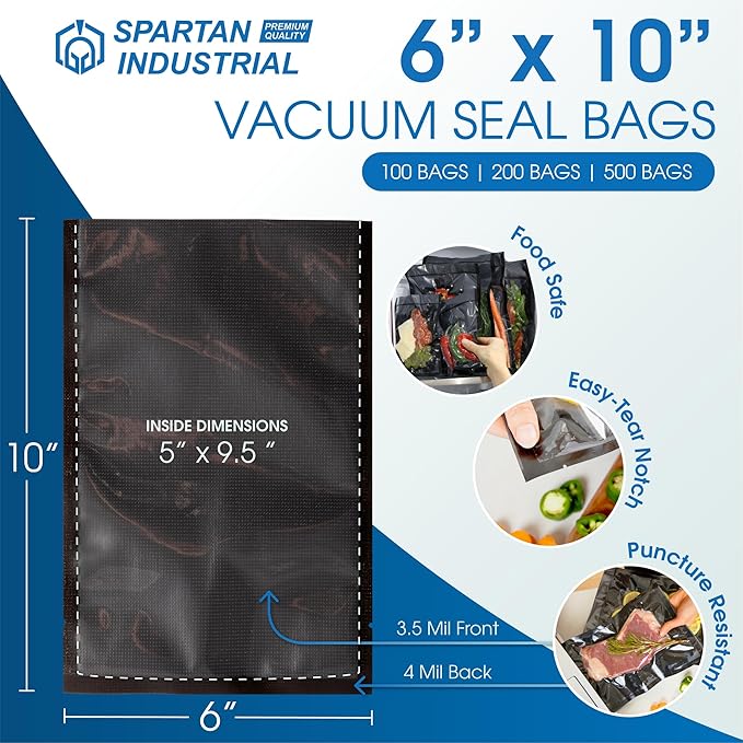 Spartan Industrial 6" X 10" Vacuum Sealer Bags - 200 Count BPA-Free Food Storage Bags for Marinating, Freezing, Sous Vide Cooking