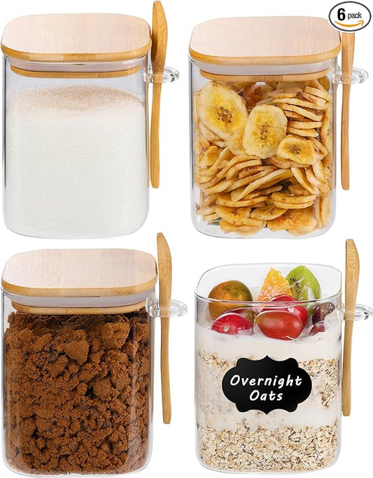 6 Pack Square Glass Jar with Bamboo Lids and Spoons - 32 OZ Overnight Oats Containers with Lids, Food Storage Glass Jars for Loose Tea, Meal Prep, Chia Pudding, Yogurt, Coffee, Sugar