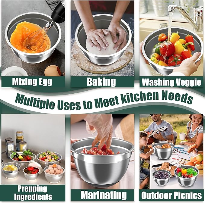 Mixing Bowls with Airtight Lids Set, 4 Stainless Steel Bowls Nesting Bowls & Colander, Kitchen Organizers and Storage Non-Slip Bottom, Size 1.5/2.0/2.5/4.0QT, Great for Mixing & Serving, Black
