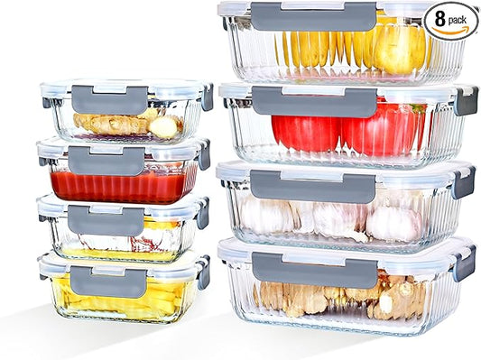 16 Piece Glass Storage Containers With Lids - 12.5+35.1 OZ Black Rectangles for Meal Prep, Microwaveable, Frozen Storage