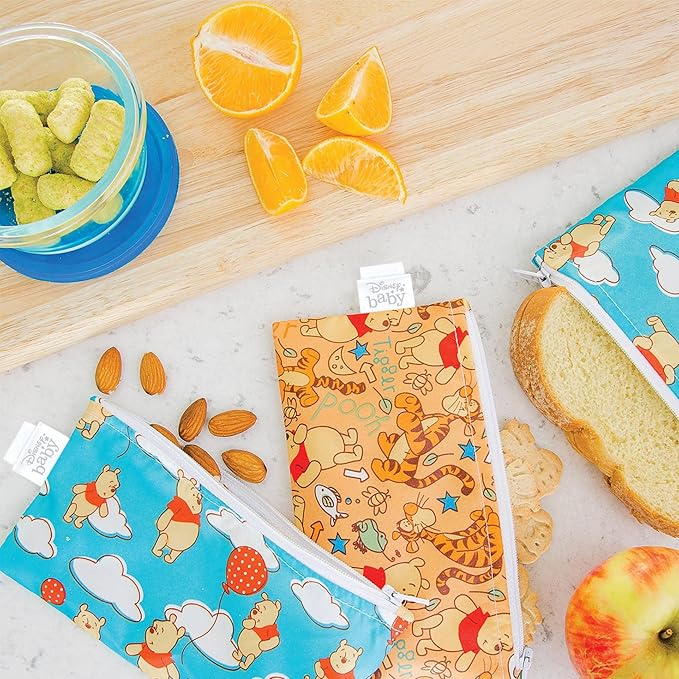 Bumkins Disney Reusable Snack Bags, for Kids School Lunch and for Adults Portion, Washable Fabric, Waterproof Cloth Zip Bag, Supplies Travel Pouch, Food-Safe Storage, 2-pk Winnie the Pooh