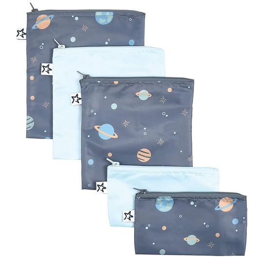 Tiny Twinkle 5 Pack Reusable Snack Bags - Machine Washable, PFAS, PVC, BPA, Phthalate-Free Reusable Baby and Toddler Food Safe Snack Bags (Space)