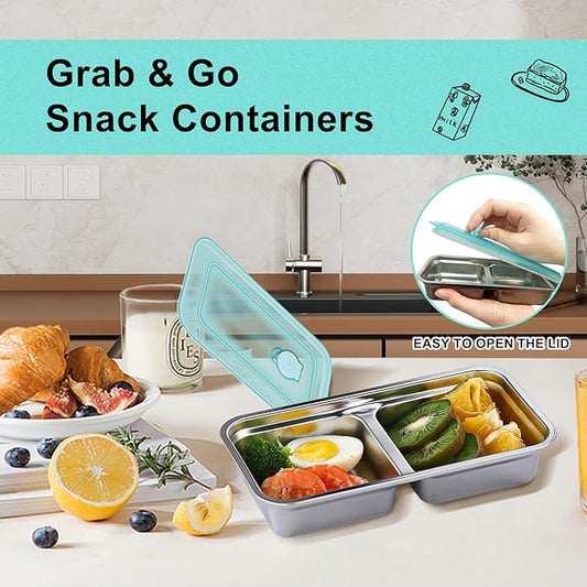 2pcs Grab and Go Snack Containers Stainless Steel,Double Compartment Snack Condiment Containers with Lid,Reusable Food Lunch Meal Container Prep,Leak Proof Bento Box for Travel,Camping,Packs Container