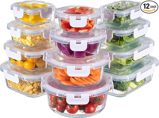 MFY 12-Pack Glass Storage Containers with Lids, Glass Meal Prep Containers Set, Airtight Lunch Containers with Lids, Microwave, Oven, Freezer and Dishwasher Safe, White