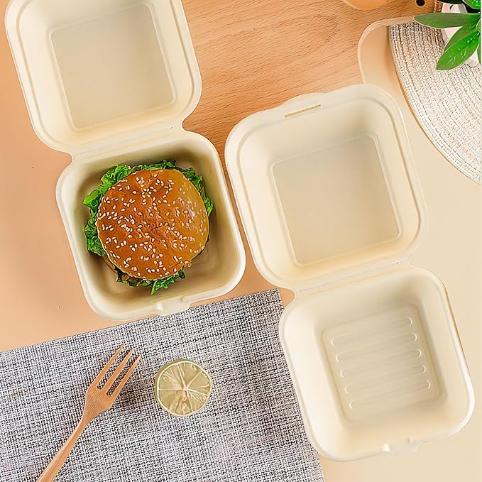 Clamshell Take Out Food Containers,100 Pcs Compostable To Go Boxes, 6 x 6 inch Sugarcane Fiber Containers for Salad Cake Sandwiches,Heavy-Duty Disposable Lunch Box,Microwave-Safe