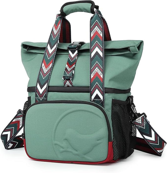 SUNNY BIRD Dual Compartment Lunch Bag Insulated Lunch Box for Women and Men (Green with boho strap)