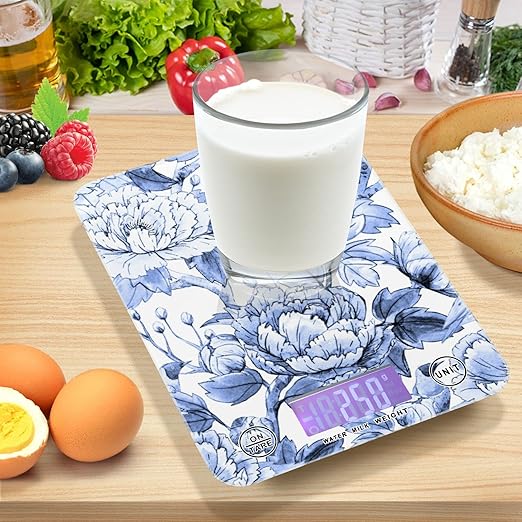 Food Scale Kitchen Digital Scale Food Ounces and Grams Dieting Baking Cooking Waterproof Glass Panels LCD Display,4 Units Scale Tare Function Blue and White