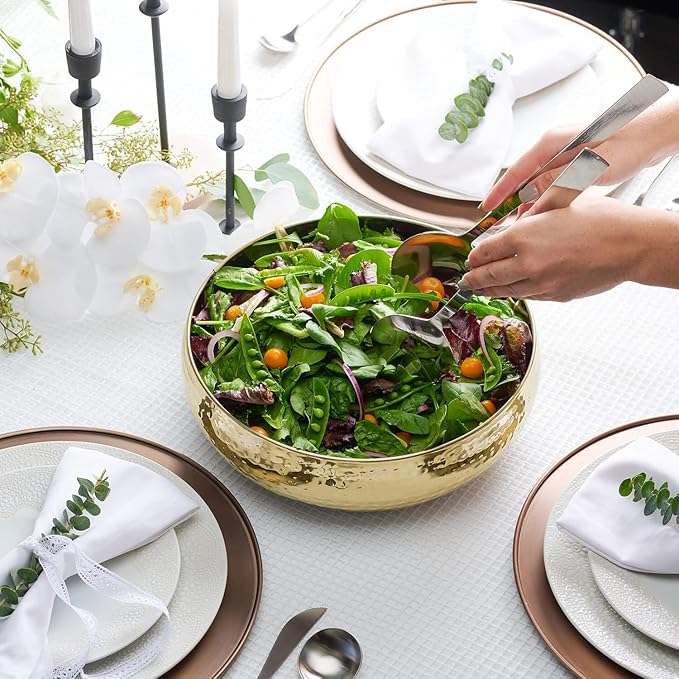 Salad Bowl and Serving Utensils - Hammered Detailing - Stainless Steel Mixing Bowls with Lids- Luxurious Serving Bowls (12" Gold Hammered Salad Bowl)