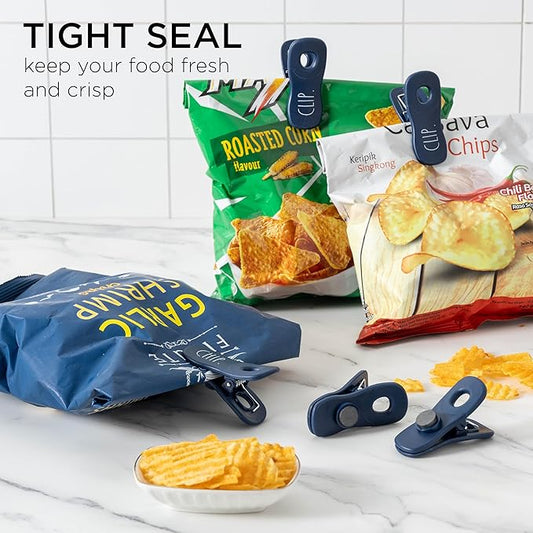 Rae Dunn Bag Clips with Magnet - Chip Clips, Food Storage with Air Tight Seal Grip for Bread, Snack and Food Bags, Pack of 10, Blue