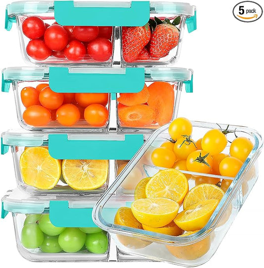 30 oz 5 Pack Glass Meal Prep Containers 2 Compartments, Glass Food Storage Containers with Lids, Airtight Glass Lunch Box, Microwave, Oven and Freezer Safe, Green