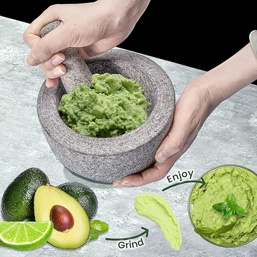 Luvan Mortar and Pestle Set,2 Cups Unpolished Granite Natural Stone Grinder Bowl for Molcajete Guacamole Bowl Crushing/Mexicano Guacamole,Spices Grinder,Herb Crusher,Salsa Pesto-6IN/Gray