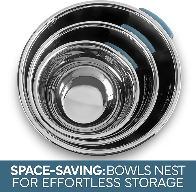 COOK WITH COLOR Stainless Steel Mixing Bowls Set and Measuring Cups- Nesting Bowls with Non-Slip Bottom and Easy-Grip Handles, Blue, 11 Pieces