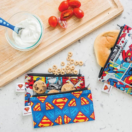 Bumkins Reusable Snack Bags, for Kids School Lunch and for Adults Portion, Washable Fabric, Waterproof Cloth Zip Bag, Supplies Travel Pouch, Food-Safe, 2-pk Superman DC Comics