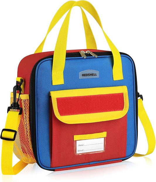 REDSHELL Tactical Lunch Box Kids, Large Insulated Lunch Bag for Boys Girls, Cooler Lunchbag, Square Toddler Lunchbox, School Daycare Lunch Tote Pail with Water Bottle Holder Shoulder Strap, Red Blue