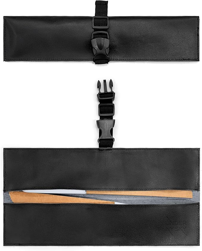 Under NY Sky Genuine Leather Knife Roll Case - 2 Slots - Real Leather Pouch - Portable Bag for Cooking Tools, Utensils, Cutlery Knives, Brushes - Chefs, Kitchen, Travel, Gift - Black L