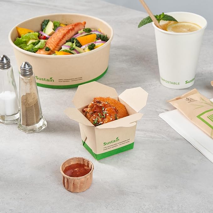 Restaurantware Sustain 8 Ounce Sturdy Paper Take Out Boxes, 200 Disposable Take Out Food Containers - With PLA lining, Compostable, Bamboo Paper Containers, Built-In Tab-Lock Cover, Greaseproof