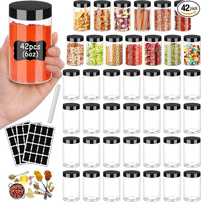 Plastic Jars with Lids 6OZ 42PCS Small Empty Slime Cosmetics Containers Clear Gift Food Jars Round PET Cream Jars with Black Lids Pen Labels for Kitchen Storage Spices Dry Food Body Butter