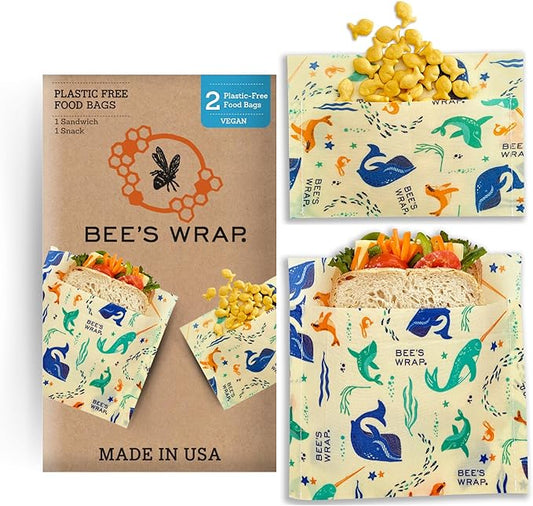 Bee's Wrap Vegan Beeswax Wraps for Food - Under the Sea Sandwich Bag & Snack Bag, Made in USA Reusable & Organic Food Wraps, Sandwich Wrap - Eco-Friendly Alternative to Aluminum Foil & Plastic Wrap