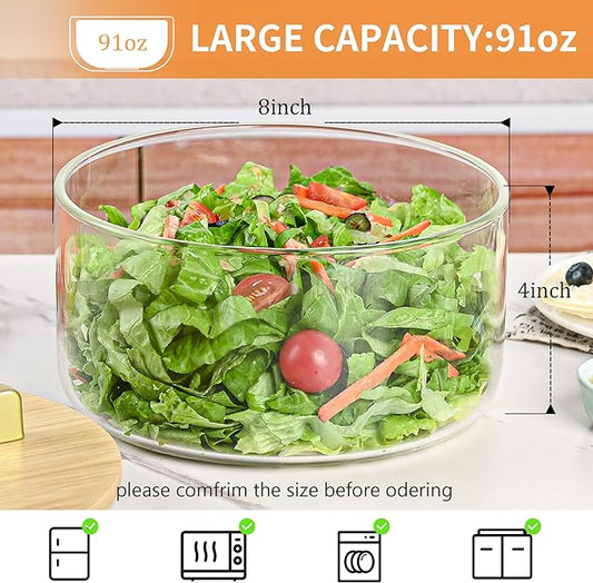 Glass Salad Bowl with Lid, Glass Mixing Bowl with Lid for Salads, Serving Bowls with Lids, Trifle Bowl for Small Family, Keep Food Fresh, Microwave & Dishwasher Safe, Kitchen Must-Have