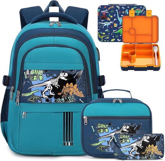 Luminous Boys Backpack - Dinosaur Bento Box with Insulated Lunch Bag Pencil Case & Utensils Set for Kids, 6 Leakproof Compartments Removable Tray Lunches or Snack Container (Green Dinosaur)