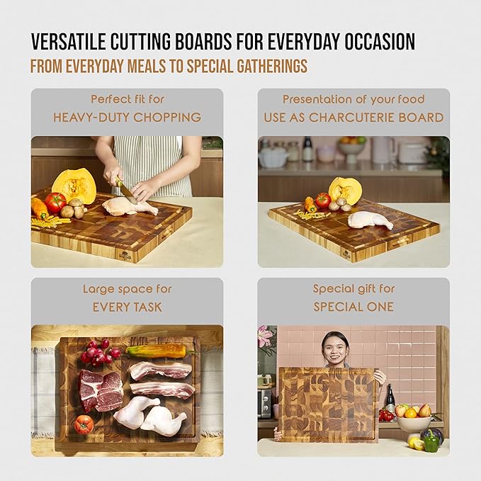 Bearchop Teak Cutting Boards for Kitchen, [20" x 15" x 1.5"] Large End Grain Cutting Boards, Solid Teak Wood Butcher Block Cutting Board with Juice Grooves and Handle, Knife Friendly and Reversible