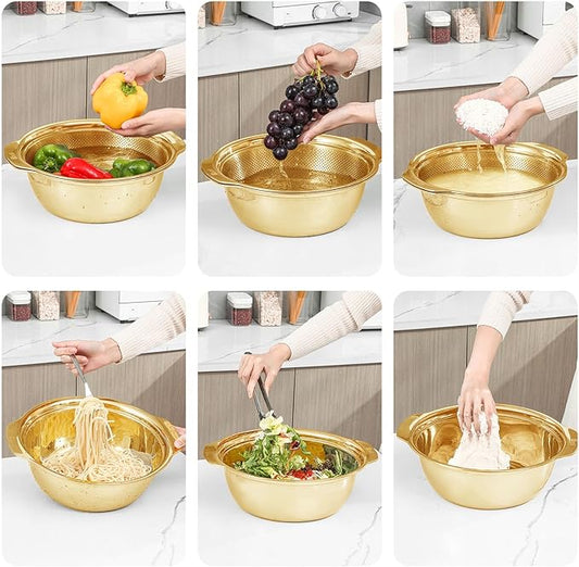 304 Stainless Steel Microporous Colander with Handle, Rice Washers Microporous Strainer Set For washing vegetables, fruits and rice, and draining cooked pasta(3.5QT with handle-Gold)