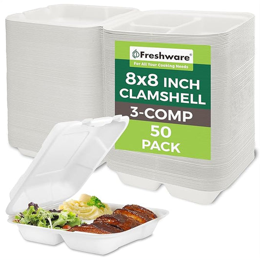 Freshware Compostable Clamshell Food Containers [8x8] 3-Compartment 50-Pack, Disposable Containers, Biodegradable Sugarcane To Go Boxes - Paper Food Containers - Microwave & Freezer Safe, Stackable