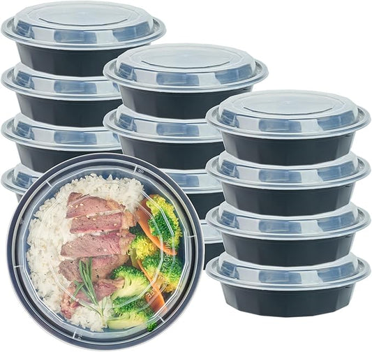 Restaurantware Asporto 24 Ounce To Go Boxes 100 Microwavable Take Out Food Containers - Clear Plastic Lids Included Do Not Contain BPA Black Plastic Catering Food Containers Disposable Round