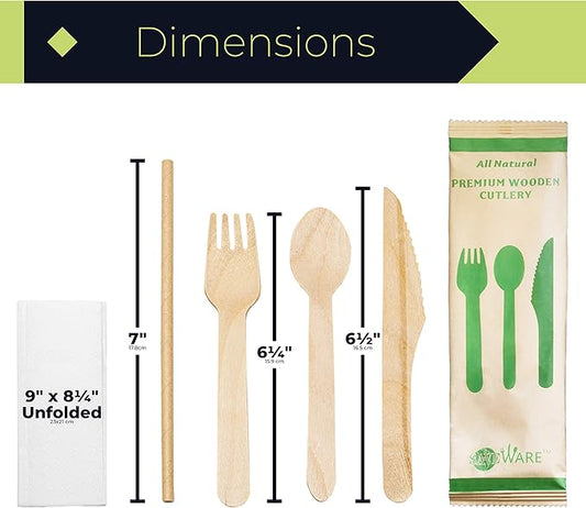 Disposable Wooden Cutlery Set – 50 Set Combo Pack Camping Utensils (Fork, Knife, Spoon, Paper Straw and Napkin) Compostable Birch Wood Bio Degradable Alternative to Plastic Spoons for Camping Picnic