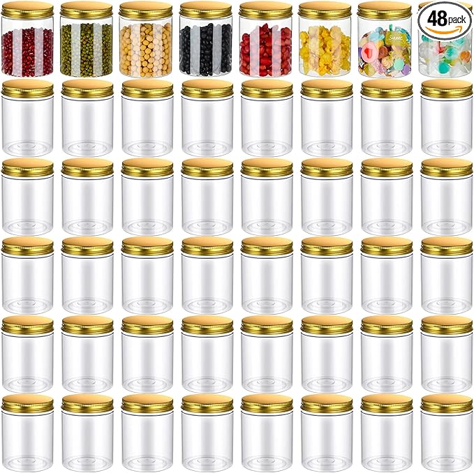 Aoriher 48 Pcs 8oz Plastic Mason Jars with Lids Round Clear Plastic Jars Containers Refillable Small Empty Storage Containers Food Canisters for Kitchen Storage(Gold)